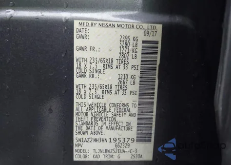 2017 Nissan Murano Sl z USA, uszkodzony, nr VIN 5N1AZ2MH3HN195379